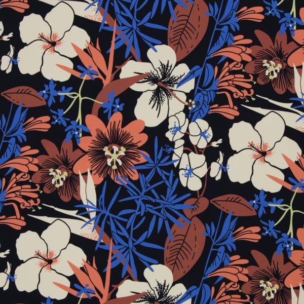 Baumwoll Stretch-Satin Bloom - bunte Blüten auf Schwarzblau